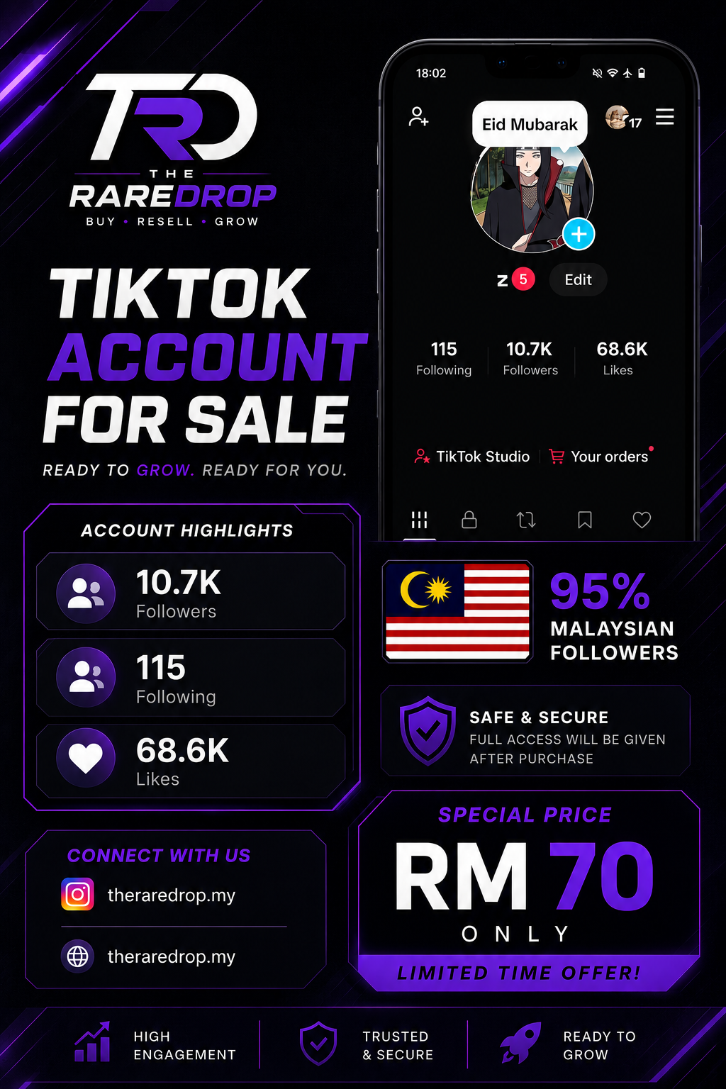 10.7 Follower , 68.6K Likes Tiktok Account